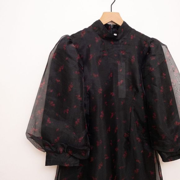 GANNI Floral Print Organza Short Shift Dress in Phantom 252 Size 42 NWT - Picture 5 of 11